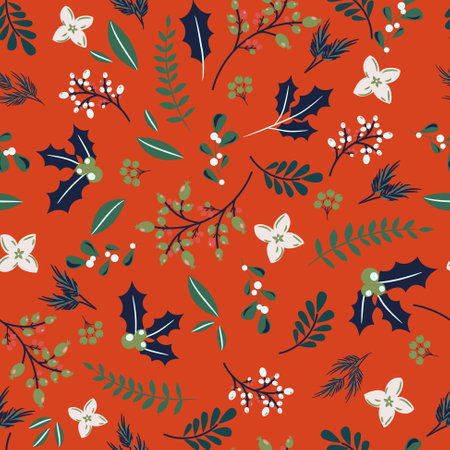 Christmas tree branches and berries seamless pattern. Winter Xmas holidays red festive wrap paper designのイラスト素材