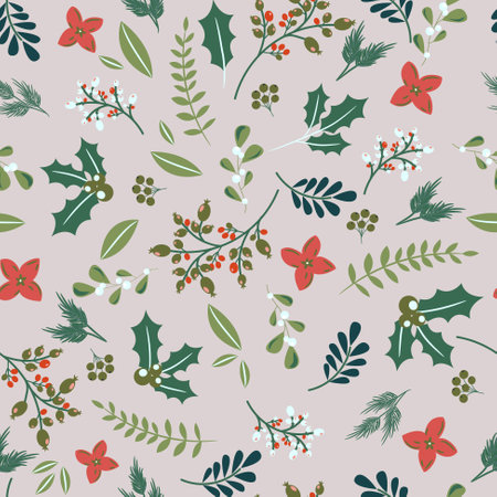 Christmas plants branches and berries seamless pattern. Winter Xmas holidays gray festive wrap paper designのイラスト素材