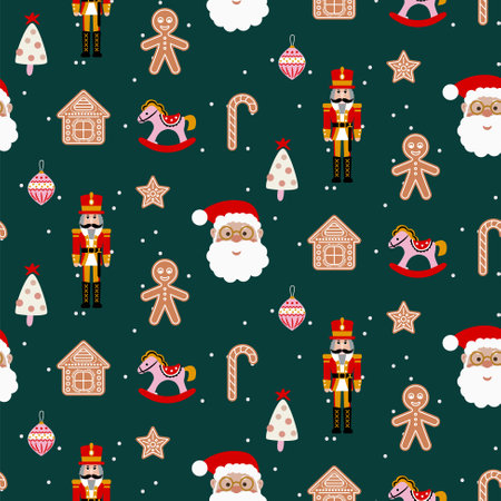 Merry Christmas seamless pattern. Red and green joyful background with Santa, nutcracker and ginger toys.のイラスト素材