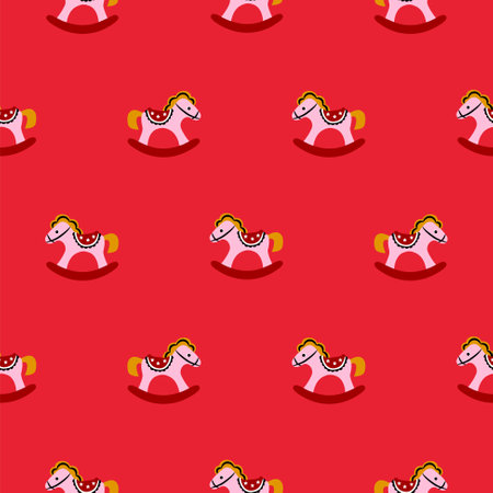 Seamless red pattern with rocking horses. Cute kids xmas background. Brigh colors child play illustration.のイラスト素材