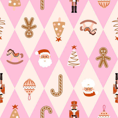 Harlequin Christmas seamless pattern. Cream pink background with Santa, nutcracker and ginger toys.のイラスト素材