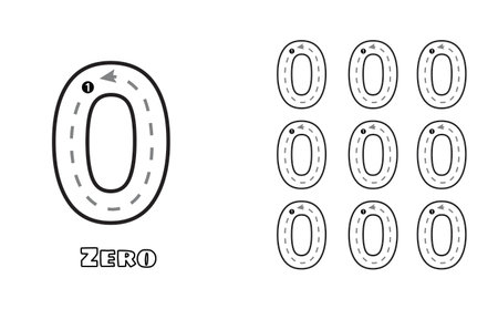 Number Null trace practice worksheet for prek kids and toddlers. Handwriting preschool kindergarten tracing vector illustration of zeroのイラスト素材