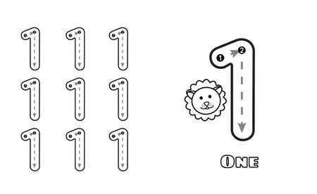 Number One trace practice worksheet for prek kids and toddlers. Handwriting preschool kindergarten tracing vector illustrationのイラスト素材