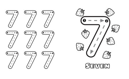 Number Seven trace practice worksheet for prek kids and toddlers. Handwriting preschool kindergarten tracing vector illustrationのイラスト素材