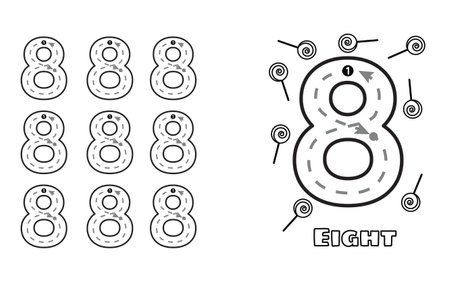 Number Eight trace practice worksheet for prek kids and toddlers. Handwriting preschool kindergarten tracing vector illustrationのイラスト素材