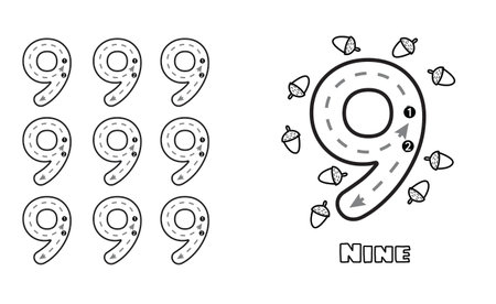 Number Nine trace practice worksheet for prek kids and toddlers. Handwriting preschool kindergarten tracing vector illustration of 9のイラスト素材