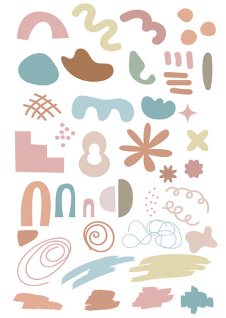Set of abstract shapes and objects minimalistic boho pastel style. Colorful geometric minimal decorative art for print, posters or post templateのイラスト素材