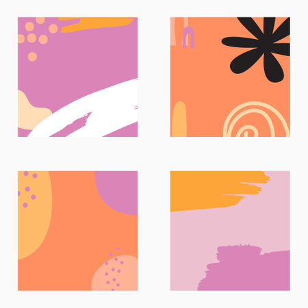 Abstract shapes square background template for social media stories and post creative set. Design with copy space for text and images with colored shapes and spots, strokes bright bold colorsのイラスト素材