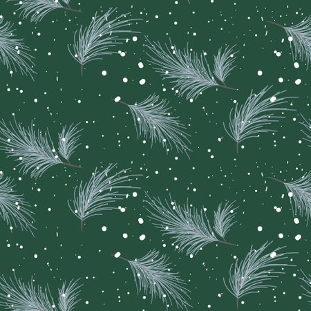 Winter seamless pattern for gift wrap paper with pine tree and snow background. Green and white Christmas wrapping or cloth table design.のイラスト素材