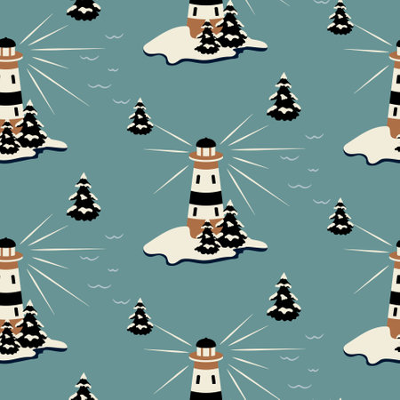 Lighthouse nautical seamless pattern. Seaside landscape illustration background.のイラスト素材