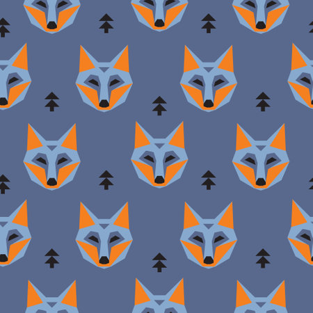 Geometric Foxes and forest plants Elements. Wild Animal in the woods. Blue and orange repeat design for wallpaper, fabric background.のイラスト素材