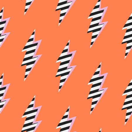 Flash seamless vector pattern with striped shapes. Pop art thunderbolt orange background.のイラスト素材