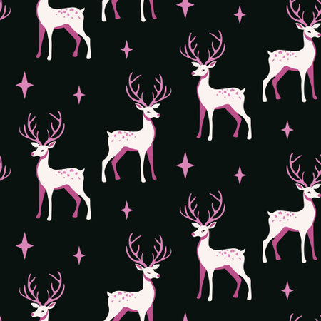 Pink pattern reindeer animal head seamless black background. Fabric and wallpaper print with stylish deers and stars.のイラスト素材