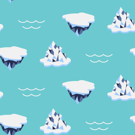 Iceberg cartoon style ice seamless pattern. Repeating background design for printing on fabric. Ice floes in water flat vector illustrationのイラスト素材
