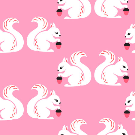 Cute squirrel with acorns seamless pattern pink background print. Vector geometric illustration for kids or home decor. Surface pattern design.のイラスト素材