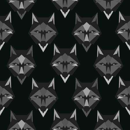 Geometric Wolf heads Elements. Wild Animal in the woods. Black and gray stylish repeat design for wallpaper, fabric background.のイラスト素材
