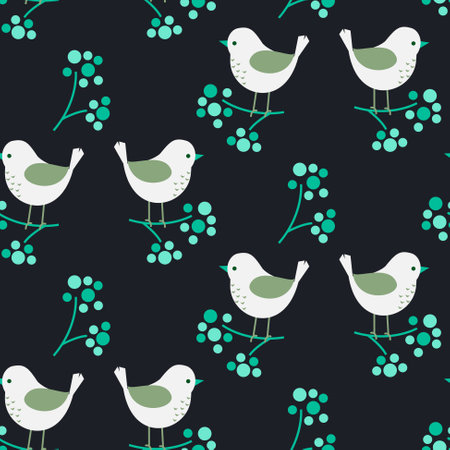 Cute birds on berry branches winter seamless folk pattern. Kitchen textile design print. Dark blue and green colors.のイラスト素材