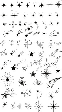 Retro sparkles and stars icons collection. Bundle set of star shapes and comets. Abstract shine vector effect sign. Template design elements for posters, projects, banners, logo, and business cardsのイラスト素材