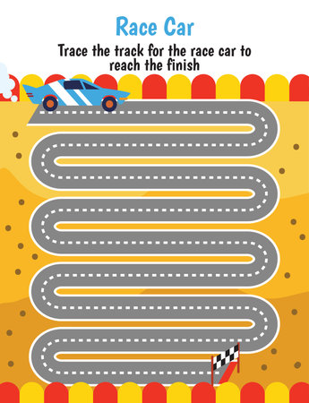 Pen tracing lines activity worksheet for children. Pencil control for kids practicing motoric skills. Racing track educational printable worksheet. Vector illustration.のイラスト素材