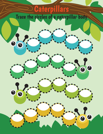Pen tracing lines activity worksheet for children. Pencil control for kids practicing motoric skills. Caterpillar educational printable worksheet. Vector illustration.のイラスト素材