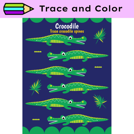 Pen tracing lines activity worksheet for children. Pencil control for kids practicing motoric skills. Crocodiles educational printable worksheet. Vector illustration.のイラスト素材