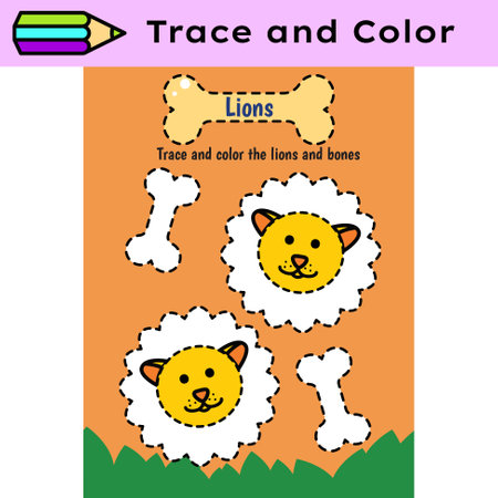 Pen tracing lines activity worksheet for children. Pencil control for kids practicing motoric skills. Lions educational printable worksheet. Vector illustration.のイラスト素材