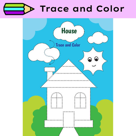 Pen tracing lines activity worksheet for children. Pencil control for kids practicing motoric skills. House educational printable worksheet. Vector illustration.のイラスト素材