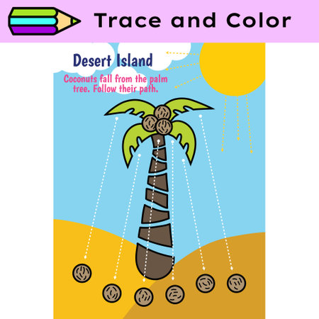 Pen tracing lines activity worksheet for children. Pencil control for kids practicing motoric skills. Island educational printable worksheet. Vector illustration.のイラスト素材