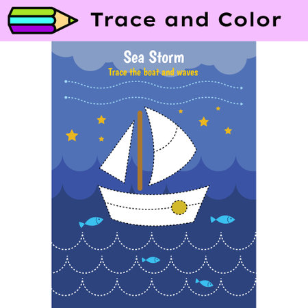 Pen tracing lines activity worksheet for children. Pencil control for kids practicing motoric skills. Sea boat educational printable worksheet. Vector illustration.のイラスト素材