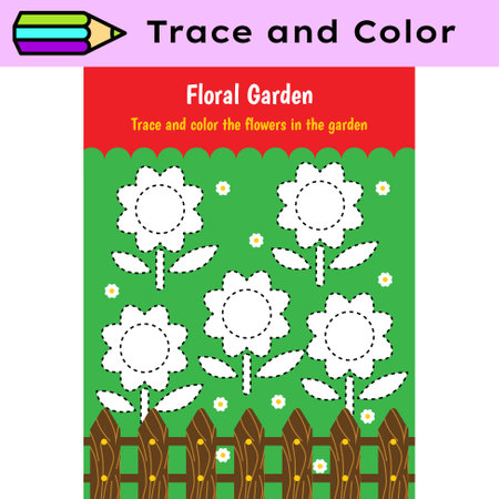 Pen tracing lines activity worksheet for children. Pencil control for kids practicing motoric skills. Garden coloring educational printable worksheet. Vector illustration.のイラスト素材