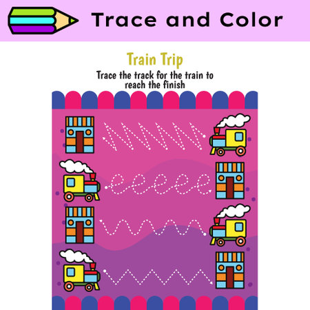 Pen tracing lines activity worksheet for children. Pencil control for kids practicing motoric skills. Train educational printable worksheet. Vector illustration.のイラスト素材