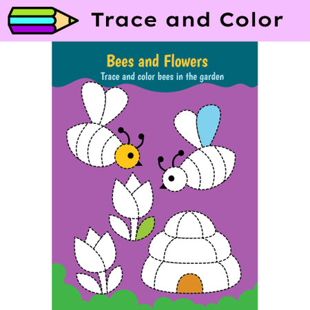 Pen tracing lines activity worksheet for children. Pencil control for kids practicing motoric skills. Bees coloring educational printable worksheet. Vector illustration.のイラスト素材