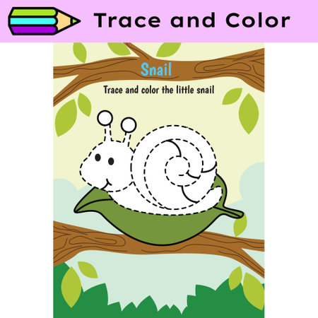 Pen tracing lines activity worksheet for children. Pencil control for kids practicing motoric skills. Snail coloring educational printable worksheet. Vector illustration.のイラスト素材