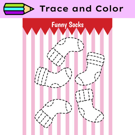 Pen tracing lines activity worksheet for children. Pencil control for kids practicing motoric skills. Socks coloring educational printable worksheet. Vector illustration.のイラスト素材