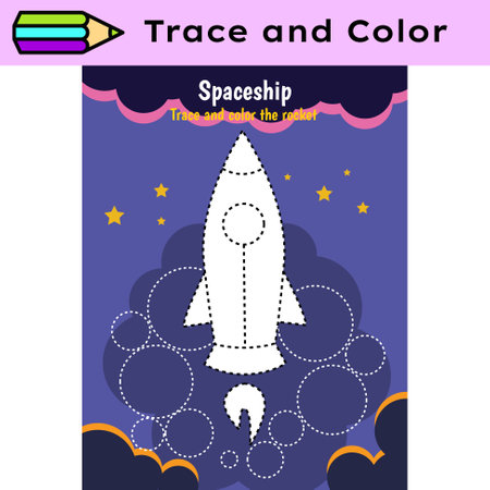 Pen tracing lines activity worksheet for children. Pencil control for kids practicing motoric skills. Rocket in space educational printable worksheet. Vector illustration.のイラスト素材
