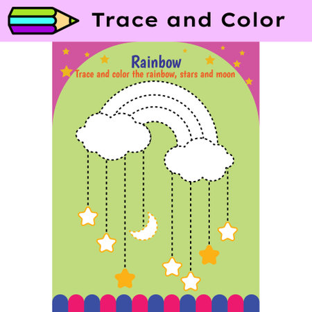 Pen tracing lines activity worksheet for children. Pencil control for kids practicing motoric skills. Rainbow educational printable worksheet. Vector illustration.のイラスト素材