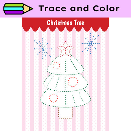 Pen tracing lines activity worksheet for children. Pencil control for kids practicing motoric skills. Christmas tree educational printable worksheet. Vector illustration.のイラスト素材