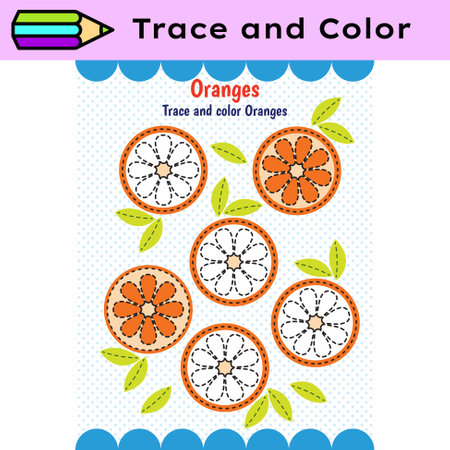 Pen tracing lines activity worksheet for children. Pencil control for kids practicing motoric skills. Oranges educational printable worksheet. Vector illustration.のイラスト素材