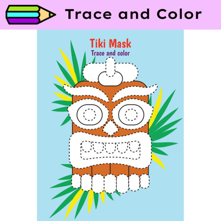 Pen tracing lines activity worksheet for children. Pencil control for kids practicing motoric skills. Tiki mask educational printable worksheet. Vector illustration.のイラスト素材