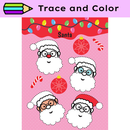 Pen tracing lines activity worksheet for children. Pencil control for kids practicing motoric skills. Santa educational printable worksheet. Vector illustration.のイラスト素材