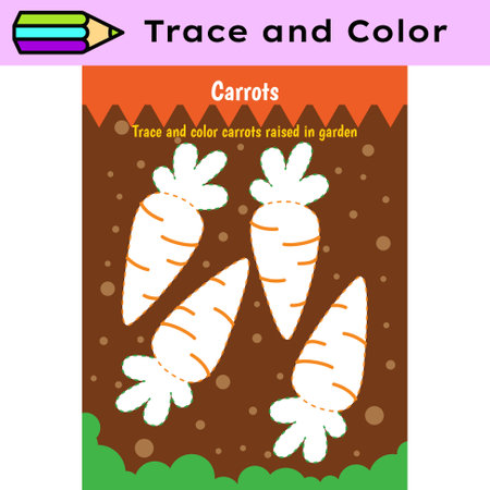 Pen tracing lines activity worksheet for children. Pencil control for kids practicing motoric skills. Carrots educational printable worksheet. Vector illustration.のイラスト素材