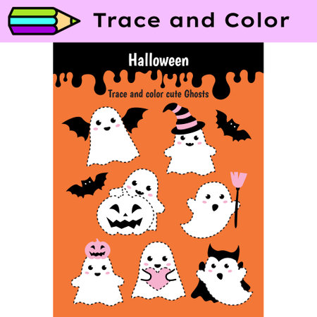 Pen tracing lines activity worksheet for children. Pencil control for kids practicing motoric skills. Halloween educational printable worksheet. Vector illustration.のイラスト素材