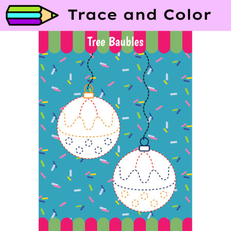 Pen tracing lines activity worksheet for children. Pencil control for kids practicing motoric skills. Tree Baubles educational printable worksheet. Vector illustration.のイラスト素材