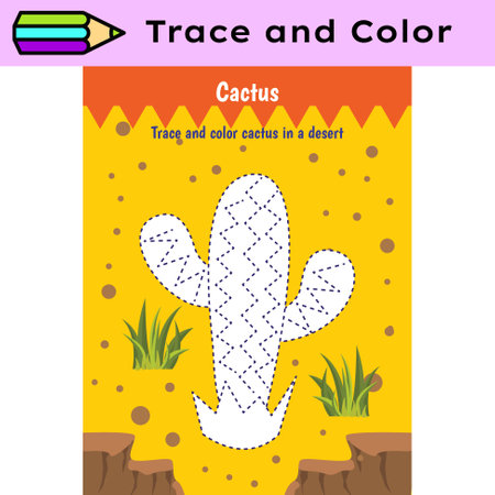 Pen tracing lines activity worksheet for children. Pencil control for kids practicing motoric skills. Cactus educational printable worksheet. Vector illustration.のイラスト素材