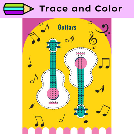 Pen tracing lines activity worksheet for children. Pencil control for kids practicing motoric skills. Guitars educational printable worksheet. Vector illustration.のイラスト素材