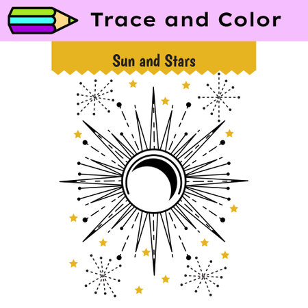 Pen tracing lines activity worksheet for children. Pencil control for kids practicing motoric skills. Sun and stars educational printable worksheet. Vector illustration.のイラスト素材