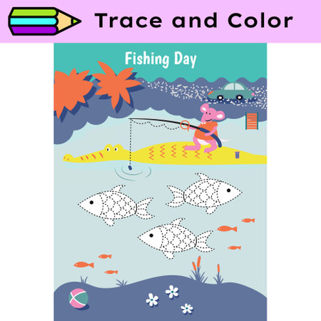 Pen tracing lines activity worksheet for children. Pencil control for kids practicing motoric skills. Fishing day educational printable worksheet. Vector illustration.のイラスト素材