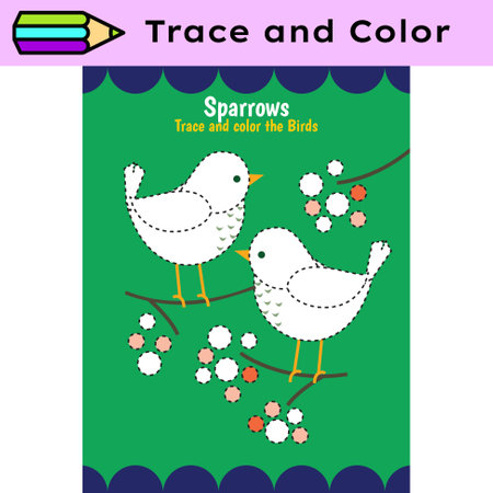 Pen tracing lines activity worksheet for children. Pencil control for kids practicing motoric skills. Sparrow birds educational printable worksheet. Vector illustration.のイラスト素材