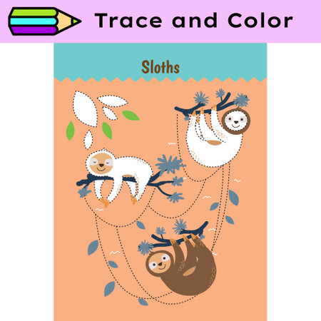 Pen tracing lines activity worksheet for children. Pencil control for kids practicing motoric skills. Sloths educational printable worksheet. Vector illustration.のイラスト素材