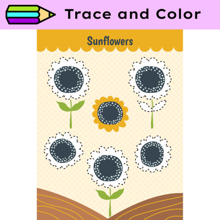 Pen tracing lines activity worksheet for children. Pencil control for kids practicing motoric skills. Sunflower educational printable worksheet. Vector illustration.のイラスト素材